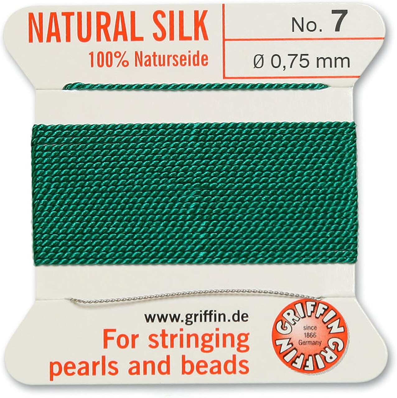 Griffin Silk Bead Cord Perlseide – Size 7 (0.75mm) – 2 Meters per Card – Stainless Steel Needle Attached – for Knotting Pearls, Gemstones, Crystals and Beads